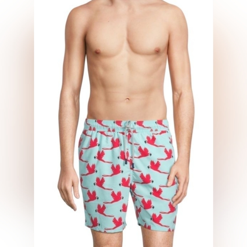 TOM & TEDDY Blue And Pink Parrot-Print Swim Shorts Size XL